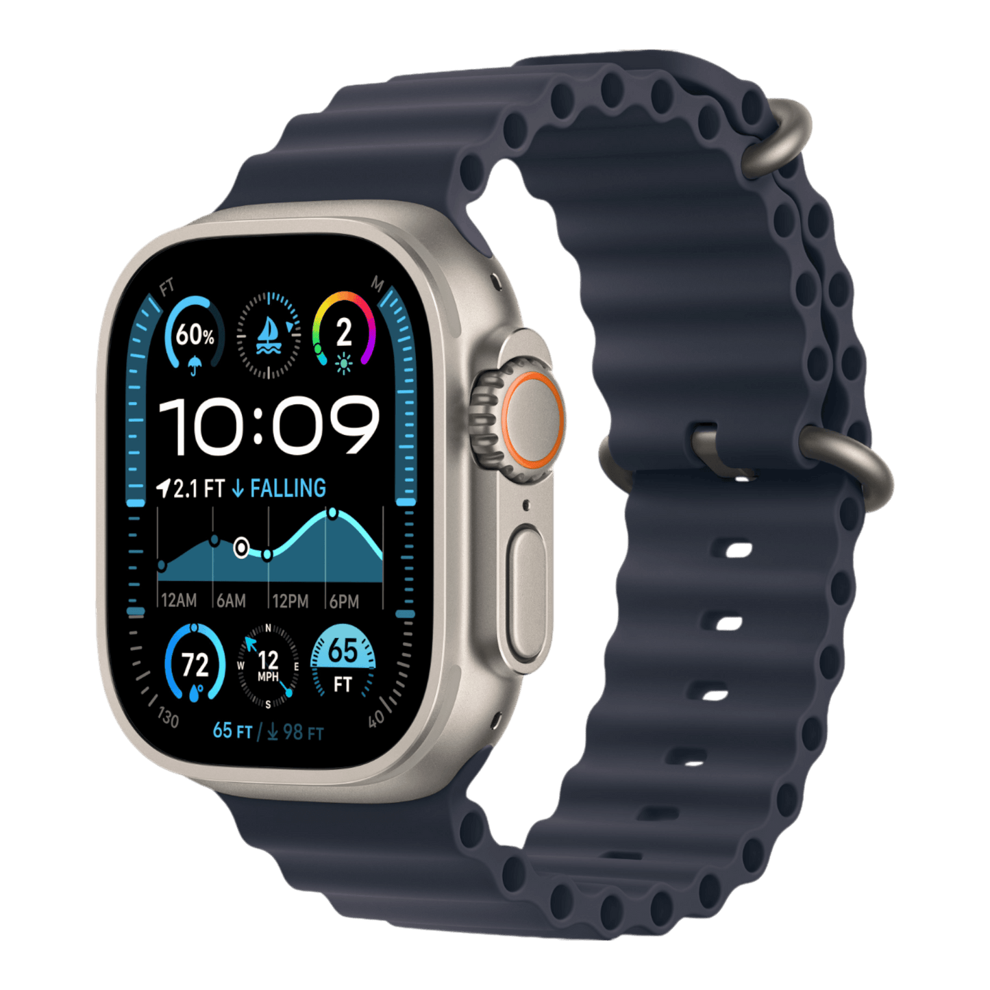 Apple Watch Ultra 2 GPS + Cellular, 49mm Natural Titanium Case with Navy Ocean Band - alAsil