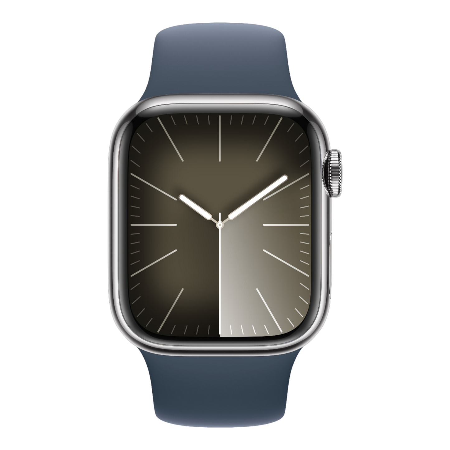 Apple Watch Series 9 GPS + Cellular, 45mm Silver Stainless Steel Case with Storm Blue Sport Band - S/M - alAsil