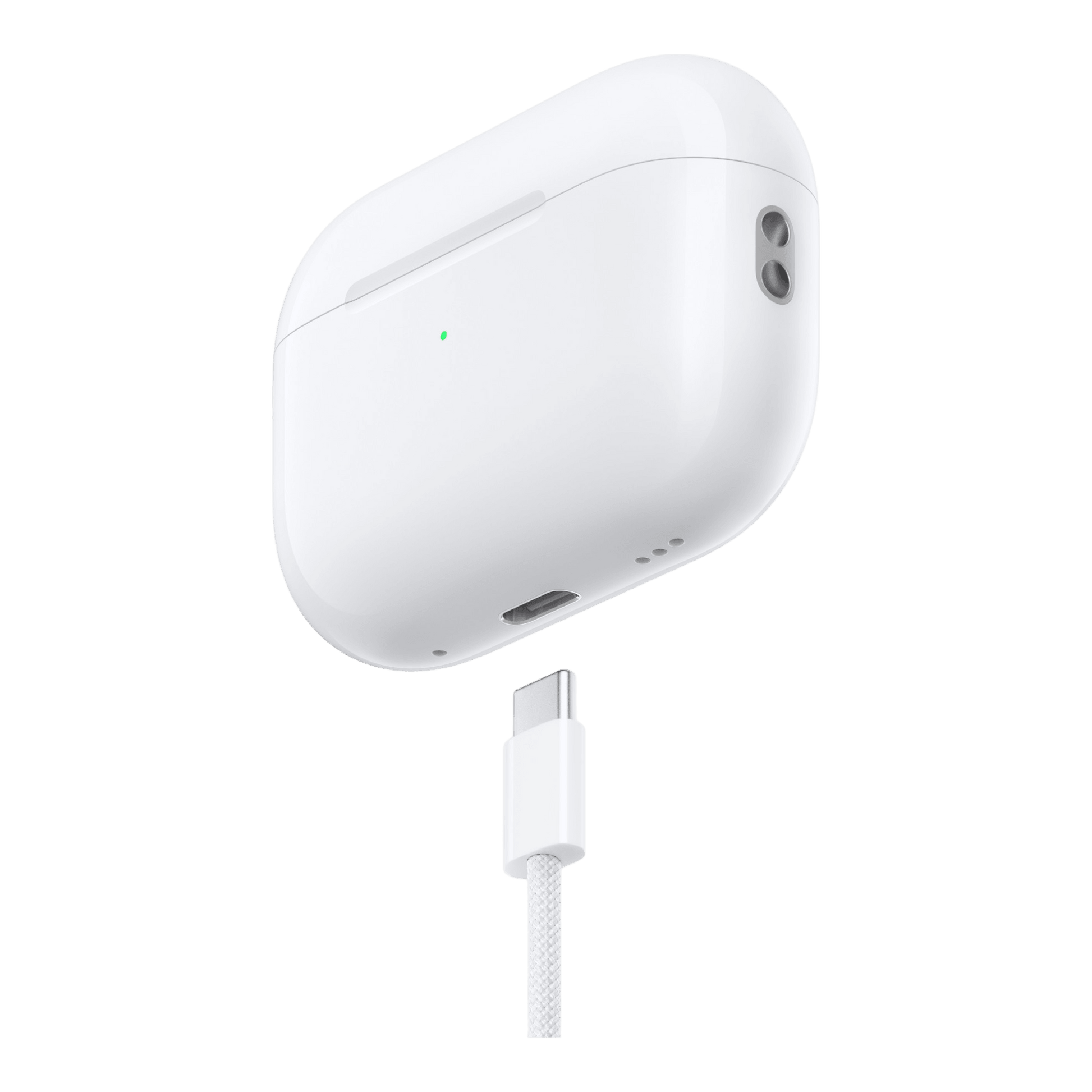 White AirPods Pro 2nd generation MagSafe charging case with USB-C cable connected isolated on white background
