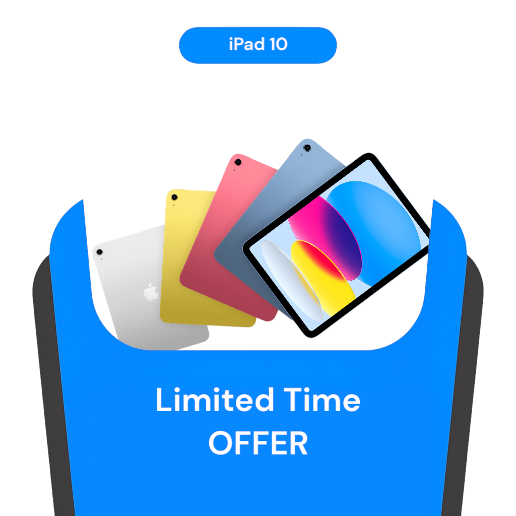 Promotional graphic of an iPad 10 with colorful design, surrounded by other iPads, on a blue background with 'Limited Time Offer' text.