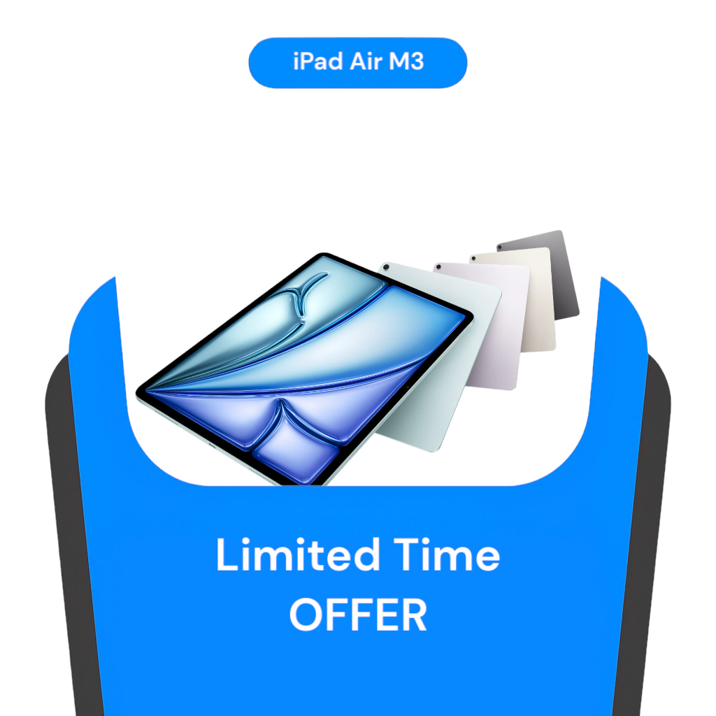iPad Air M3 with promotional text on a blue background