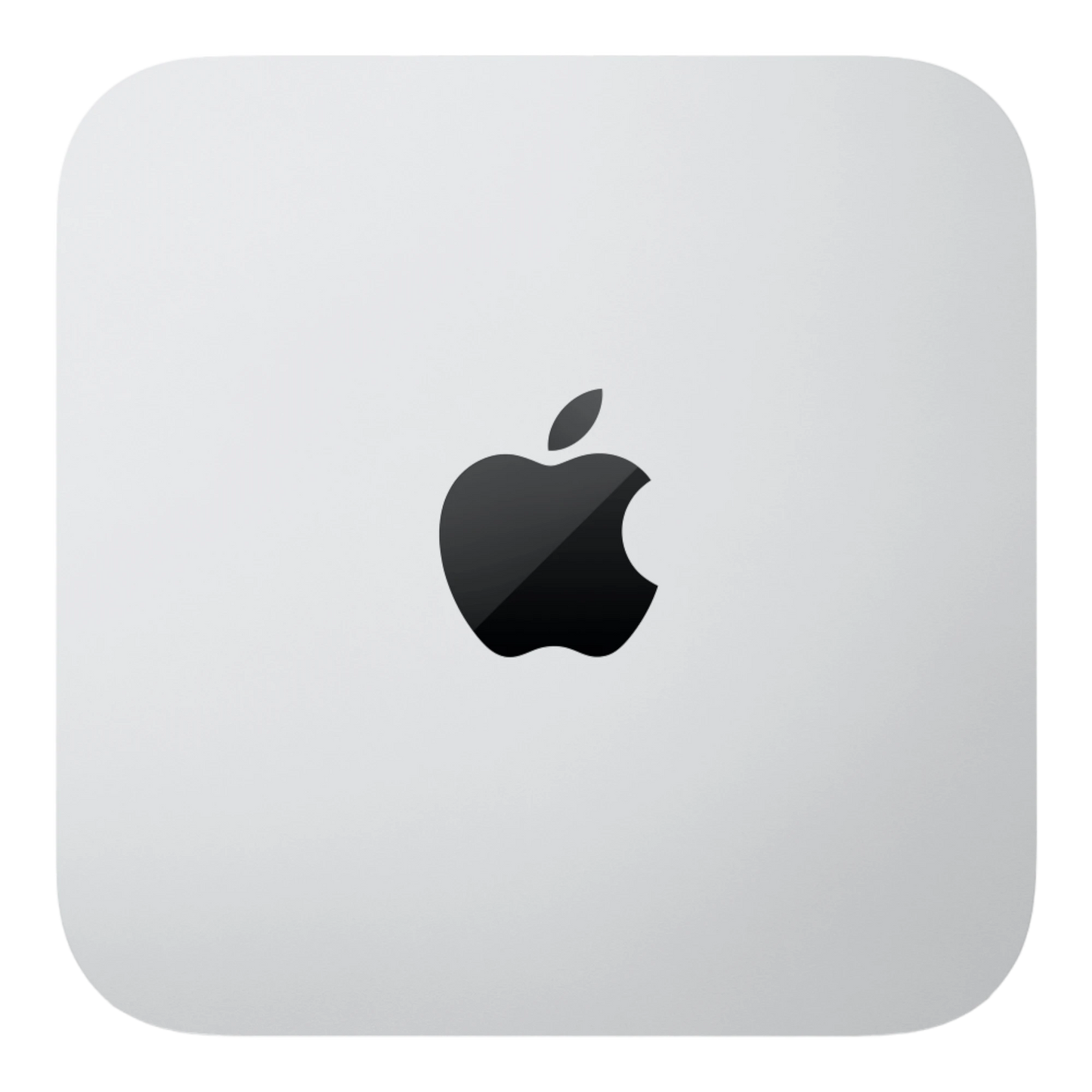 Top view of Apple Mac Mini M2 2023 with Apple logo on silver aluminum casing
