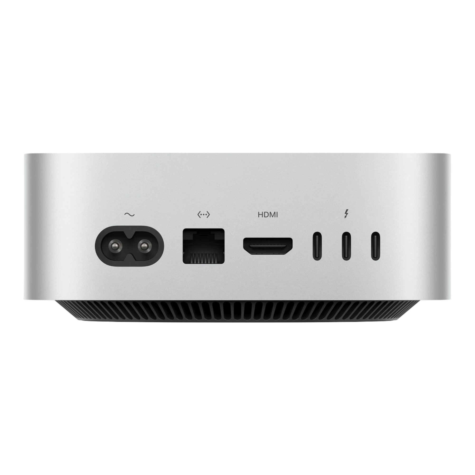 Apple Mac Mini 2024 back view showing power input, Ethernet, HDMI, and Thunderbolt 4 ports