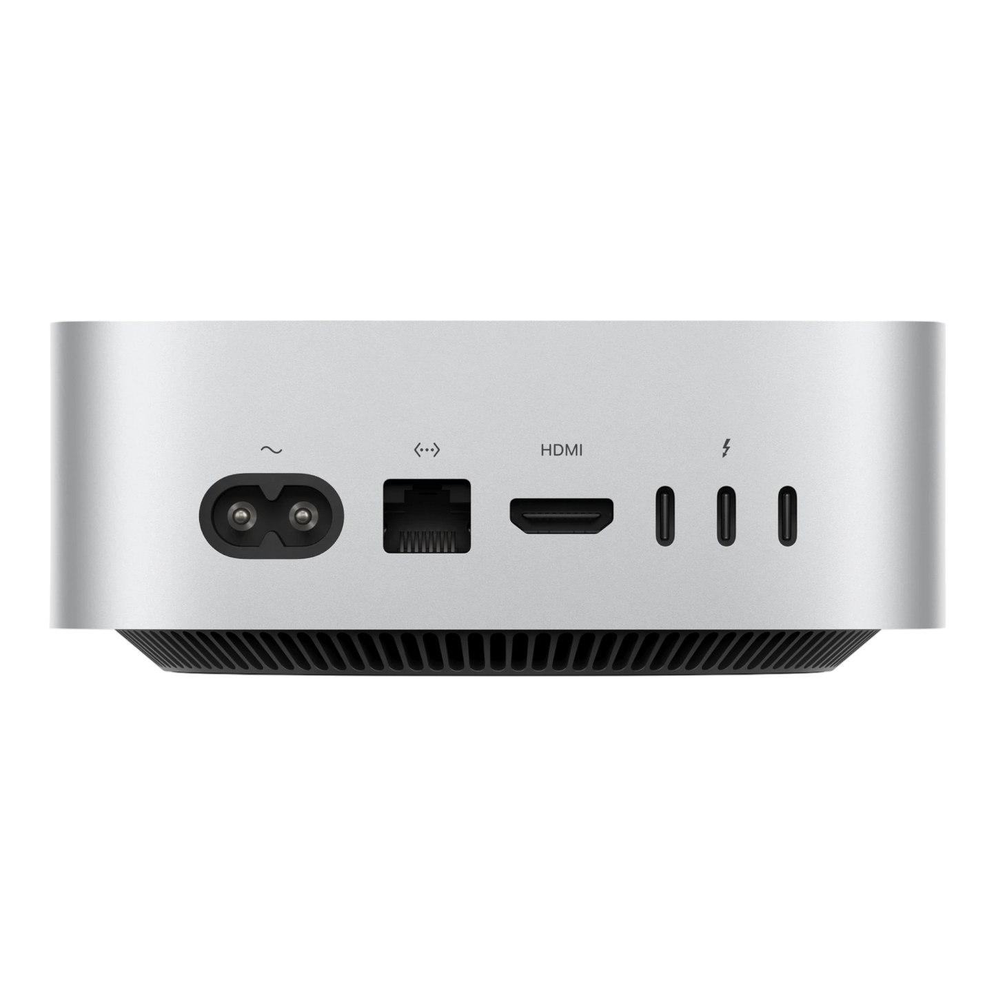 Apple Mac Mini 2024 back view showing power input, Ethernet, HDMI, and Thunderbolt 4 ports