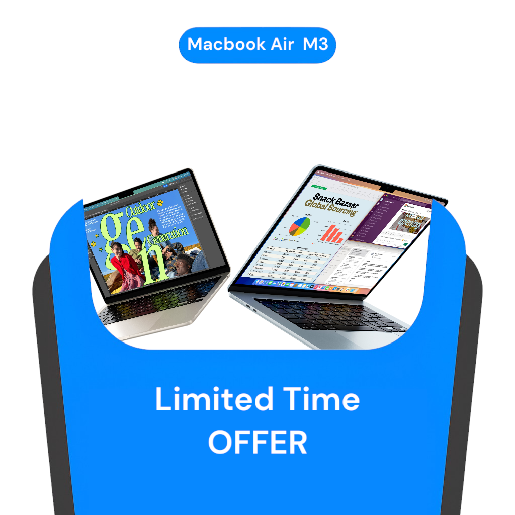Two open laptops on a blue stand with 'Macbook Air M3' and 'Limited Time Offer' text.