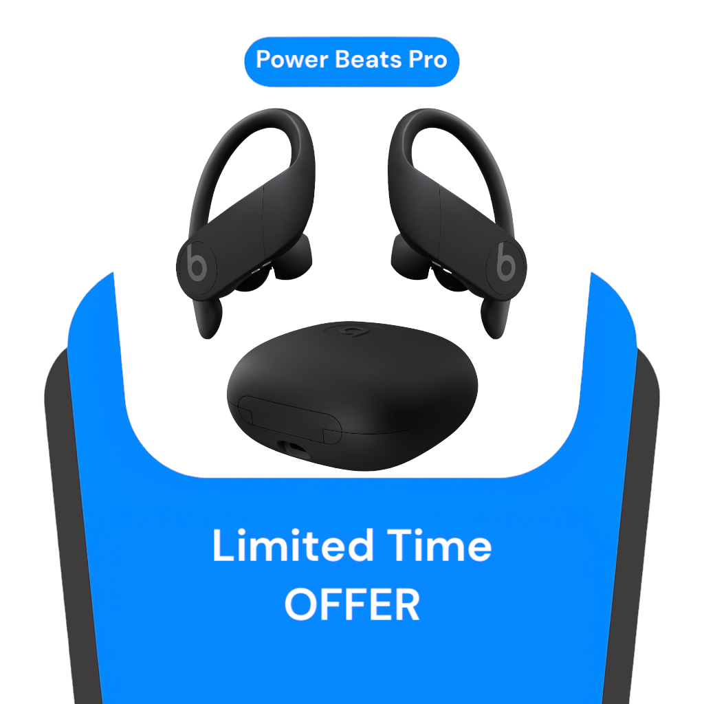 Black Power Beats Pro headphones with a charging case on a white background, featuring a 'Limited Time Offer' banner.
