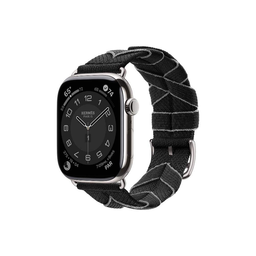 Apple Watch Hermès Series 10 GPS + Cellular, 46mm Silver Titanium Case with Noir/Gris Bridon Single Tour, Onesize