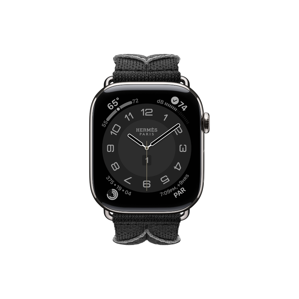 Apple Watch Hermès Series 10 GPS + Cellular, 46mm Silver Titanium Case with Noir/Gris Bridon Single Tour, Onesize