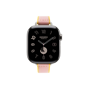 Apple Watch Hermès Series 10 GPS + Cellular, 42mm Silver Titanium Case with Rose Sakura/Jaune de Naples Twill Jump Attelage Single Tour, Onesize