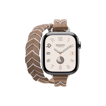 Apple Watch Hermès Series 10 GPS + Cellular, 42mm Silver Titanium Case with Beige de Weimar/Blanc Bridon Attelage Double Tour, Onesize