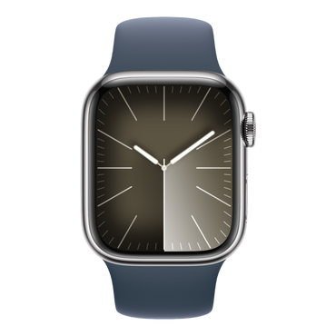 Apple Watch Series 9 GPS + Cellular, 45mm Silver Stainless Steel Case with Storm Blue Sport Band - M/L - alAsil