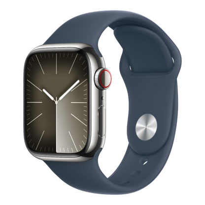 Apple Watch Series 9 GPS + Cellular, 45mm Silver Stainless Steel Case with Storm Blue Sport Band - S/M - alAsil