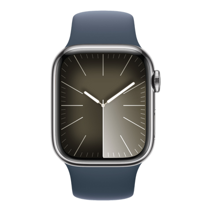 Apple Watch Series 9 GPS + Cellular, 41mm Silver Stainless Steel Case with Storm Blue Sport Band - S/M - alAsil