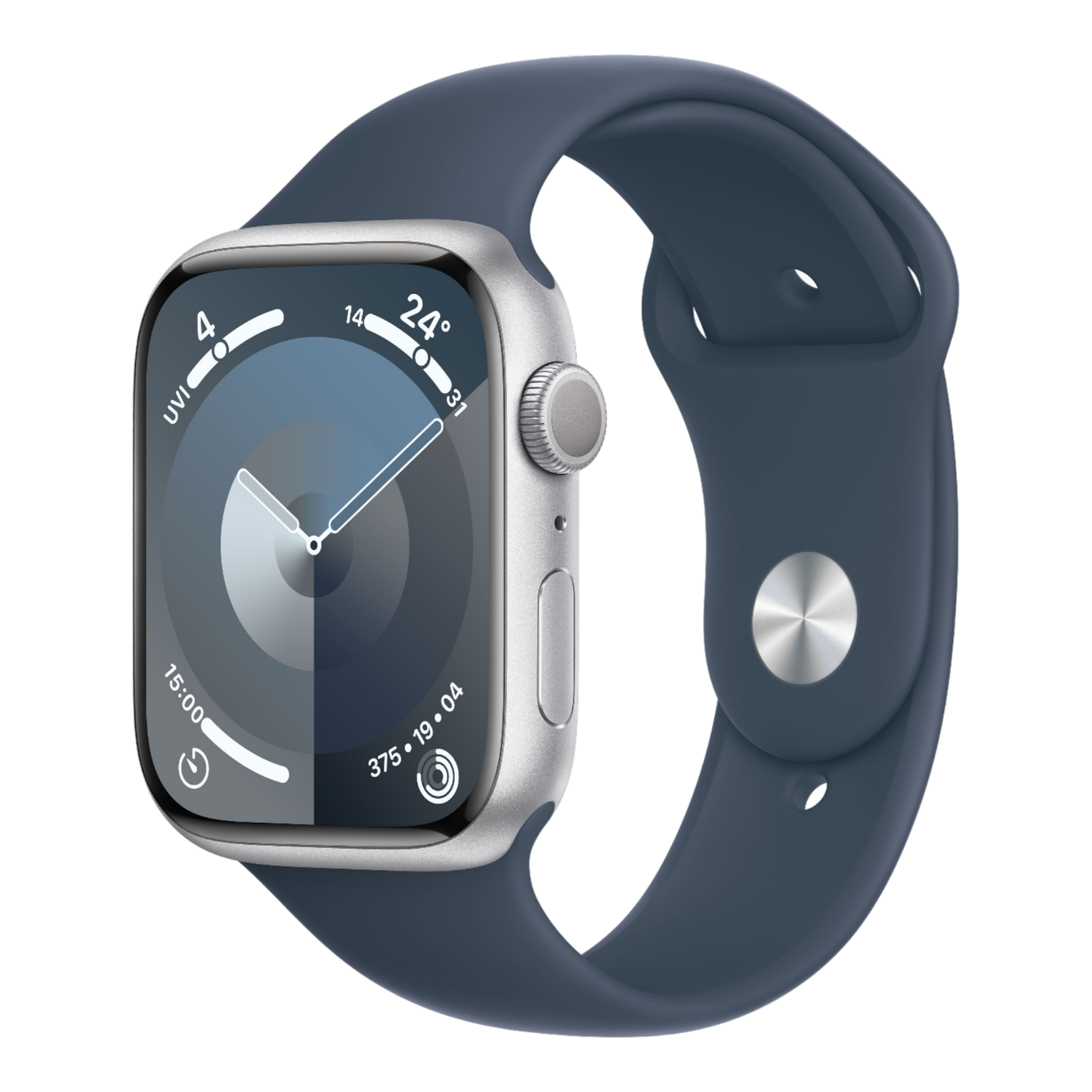 Apple Watch Series 9 GPS, 45mm Silver Aluminum Case with Storm Blue Sport Band - M/L - alAsil