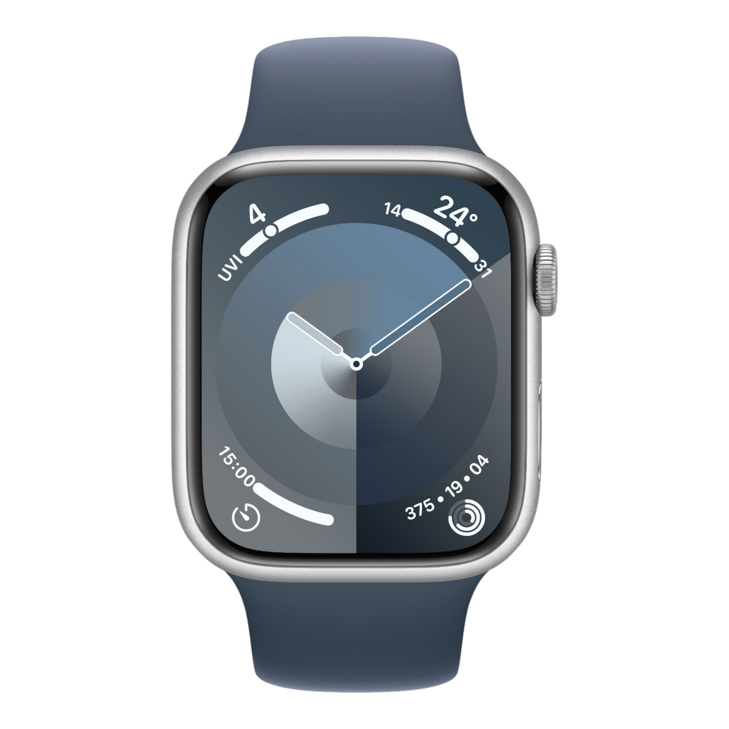 Apple Watch Series 9 GPS, 45mm Silver Aluminum Case with Storm Blue Sport Band - M/L - alAsil