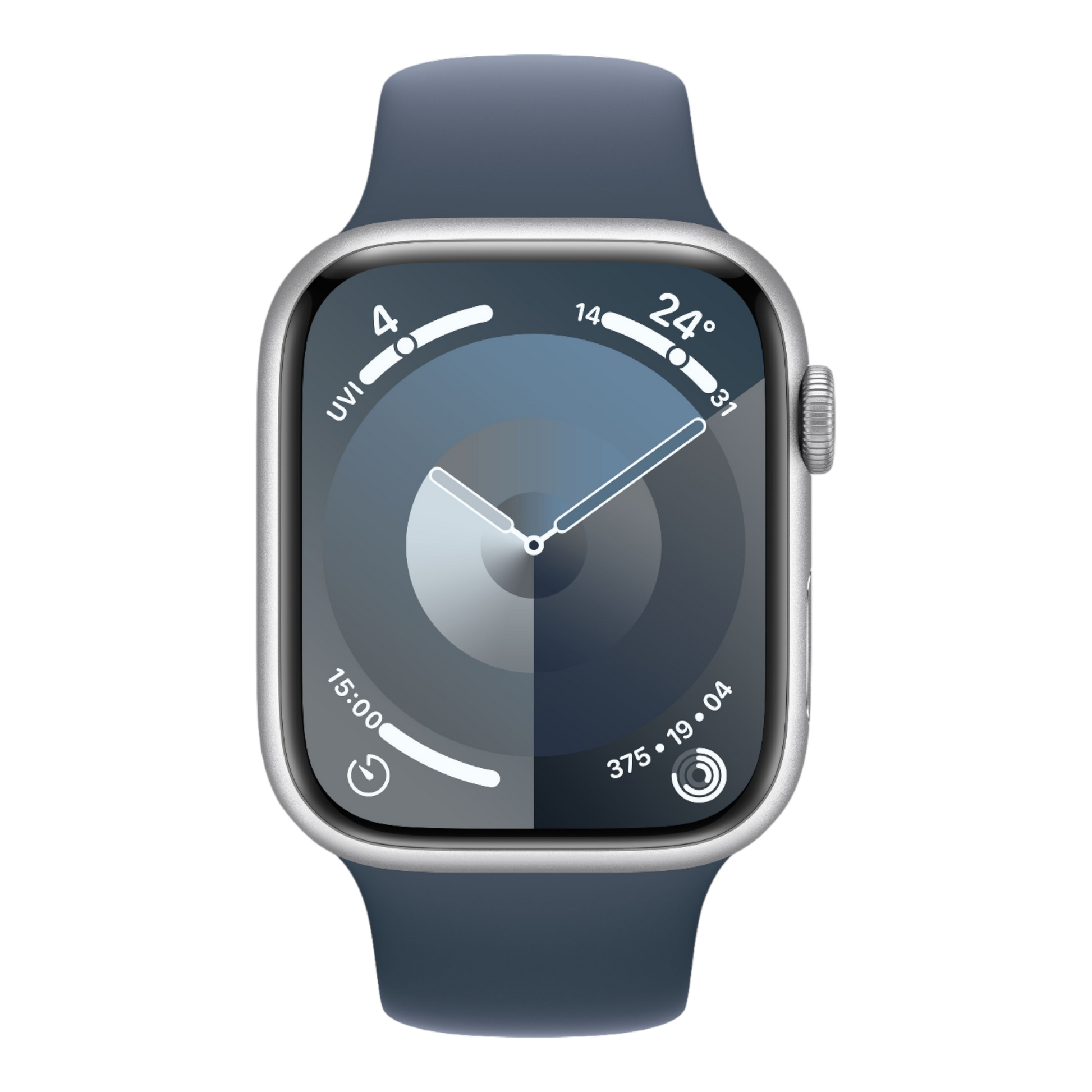 Apple Watch Series 9 GPS, 45mm Silver Aluminum Case with Storm Blue Sport Band - M/L - alAsil