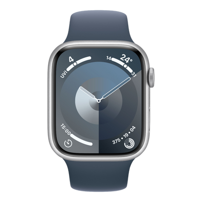 Apple Watch Series 9 GPS, 45mm Silver Aluminum Case with Storm Blue Sport Band - M/L - alAsil