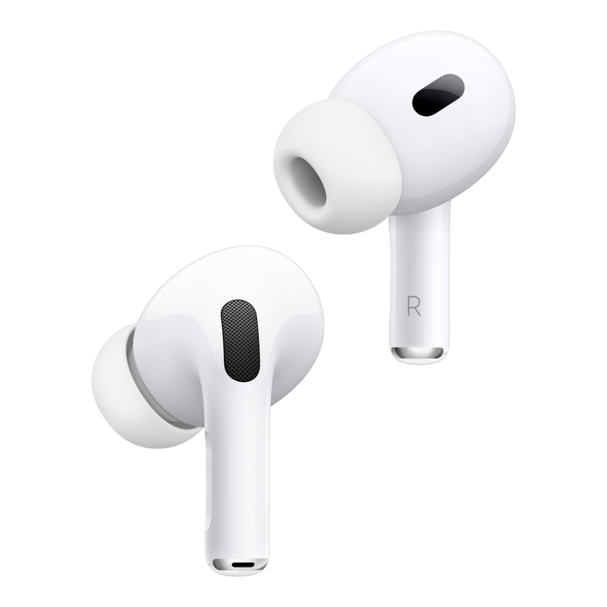A pair of white AirPods Pro (2nd generation) with Active Noise Cancellation for improved sound quality.