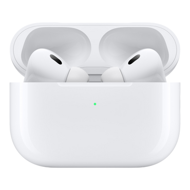 A white Apple AirPods Pro (2nd generation) in a case with Adaptive EQ technology.