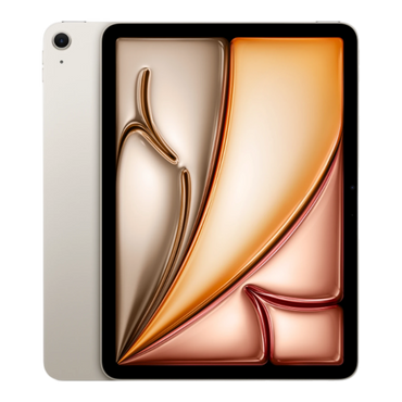 iPad Air Wi-Fi in Starlight color, showcasing its front design with a fluid, abstract wallpaper.