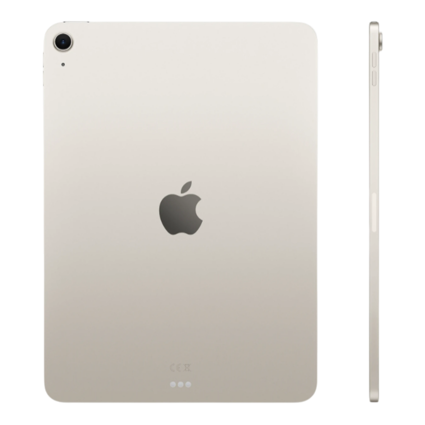 Apple iPad Air Wi-Fi in starlight color, showcasing the back and side view with the Apple logo.