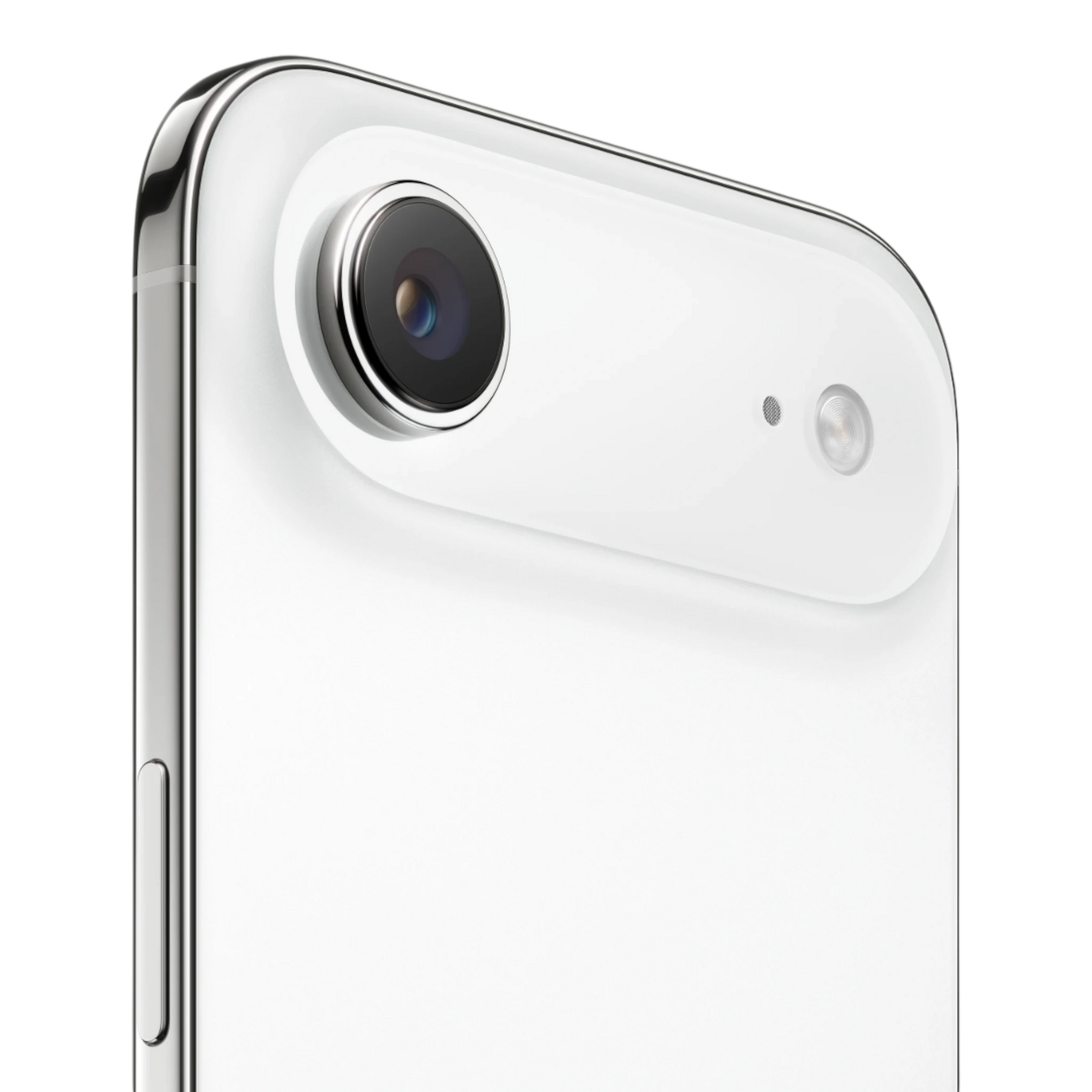 Close-up view of the iPhone's white camera on the rear, showcasing the lens and LED flash.
