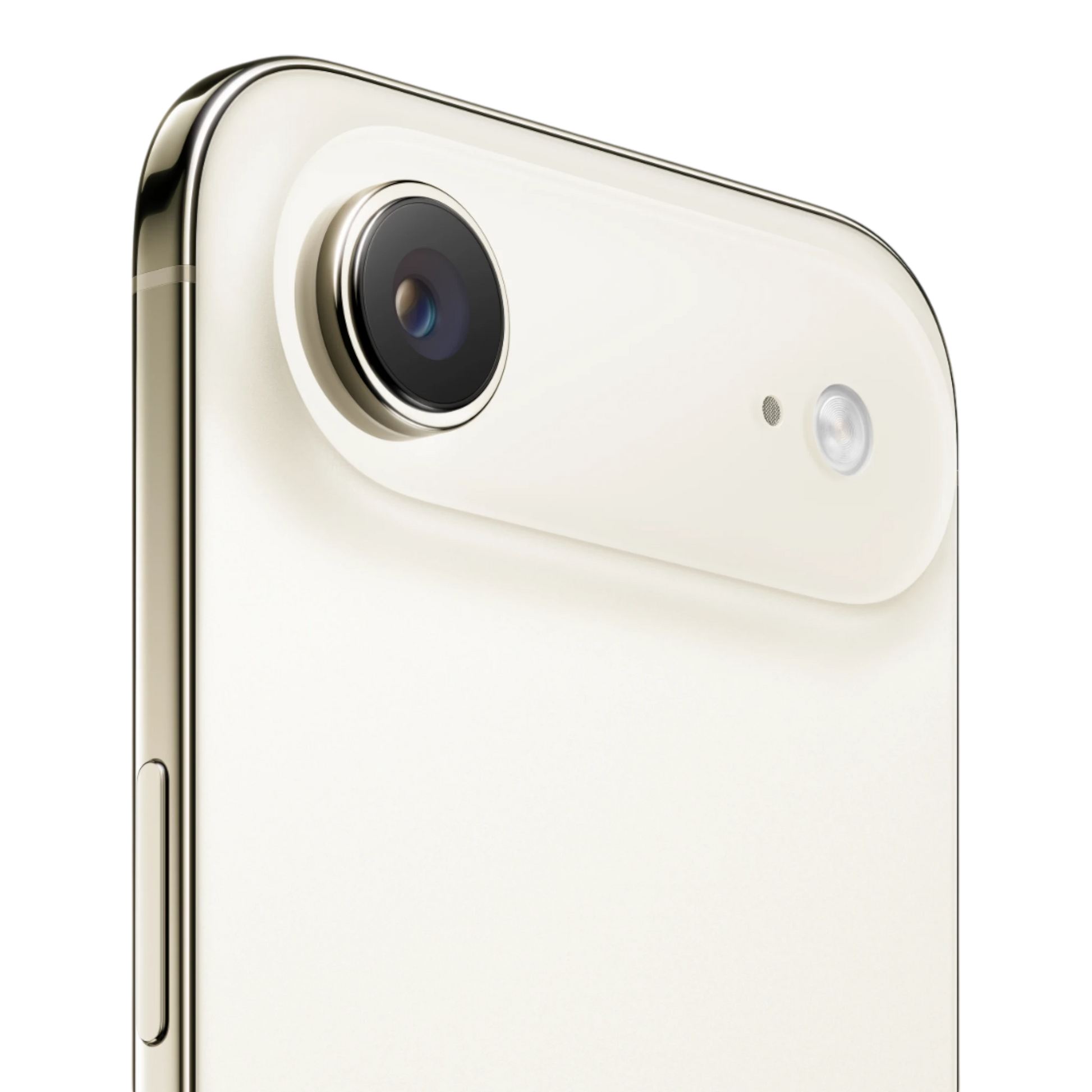 Close-up of the camera lens and flash on the light gold iPhone Air.