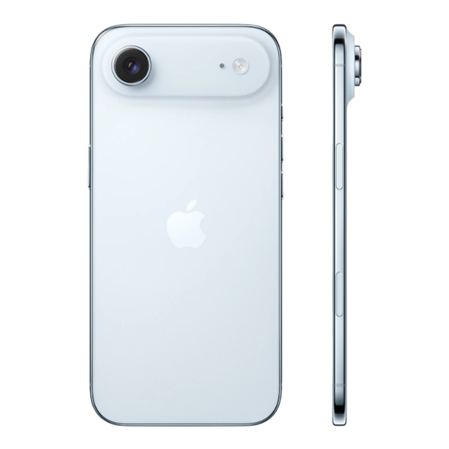Sky blue iPhone model shown from the back and side, featuring the Apple logo and dual camera setup.