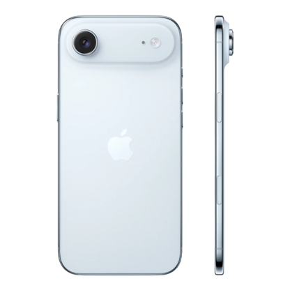 Sky blue iPhone model shown from the back and side, featuring the Apple logo and dual camera setup.