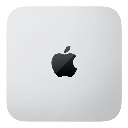 Top view of Apple Mac Mini M2 2023 with Apple logo on silver aluminum casing