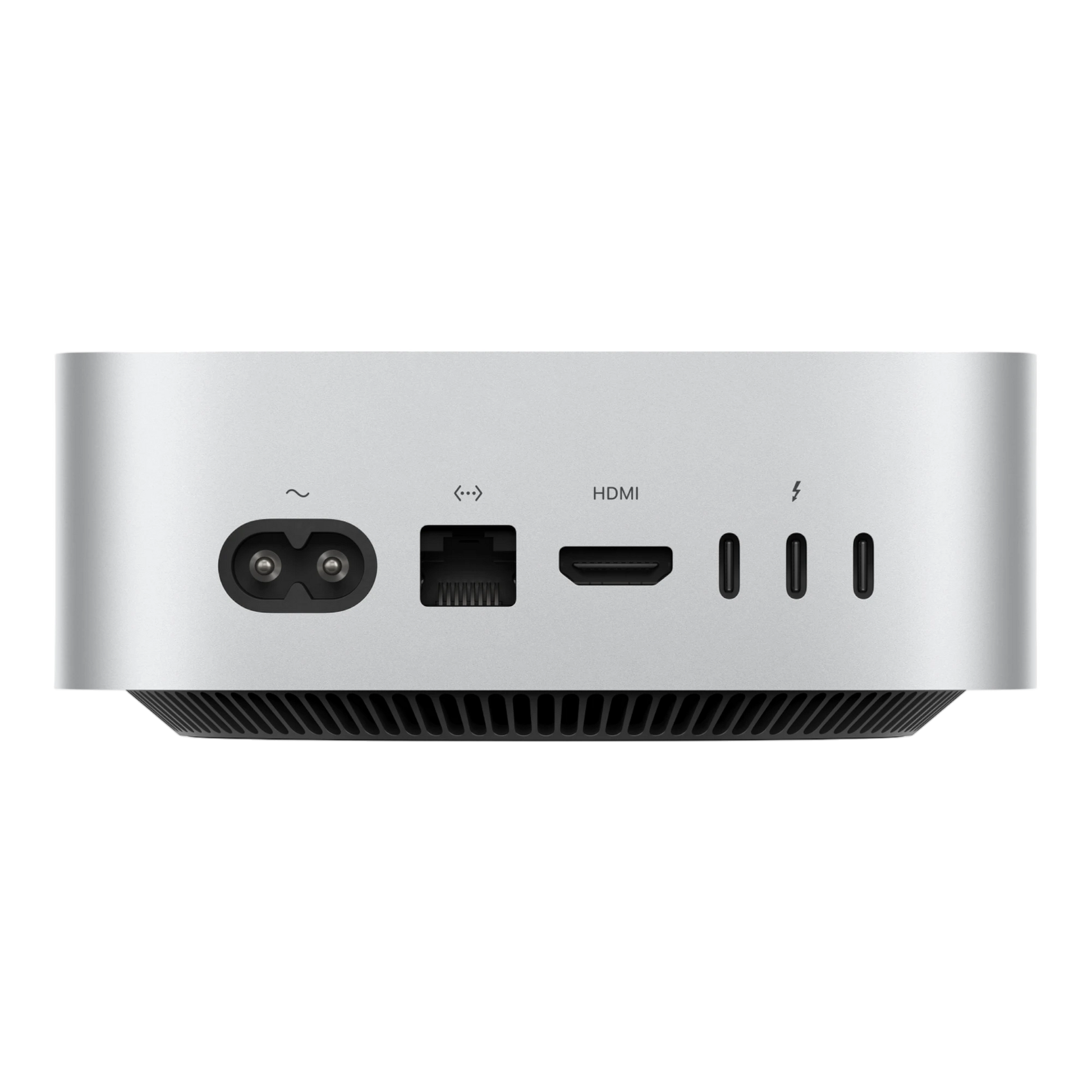 Apple Mac Mini 2024 back view showing power input, Ethernet, HDMI, and Thunderbolt 4 ports