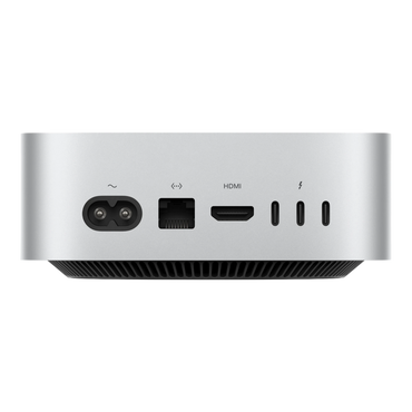 Apple Mac Mini 2024 back view showing power input, Ethernet, HDMI, and Thunderbolt 4 ports