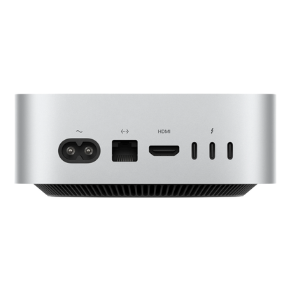 Apple Mac Mini 2024 back view showing power input, Ethernet, HDMI, and Thunderbolt 4 ports