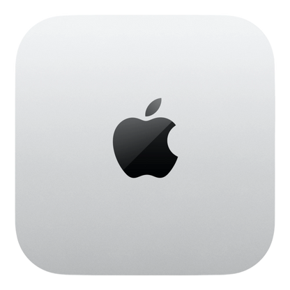 Top view of Apple Mac Mini 2024 with silver finish and black Apple logo