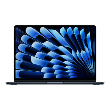 MacBook Air 13-inch in Midnight, showcasing a vibrant blue display with abstract pattern design.