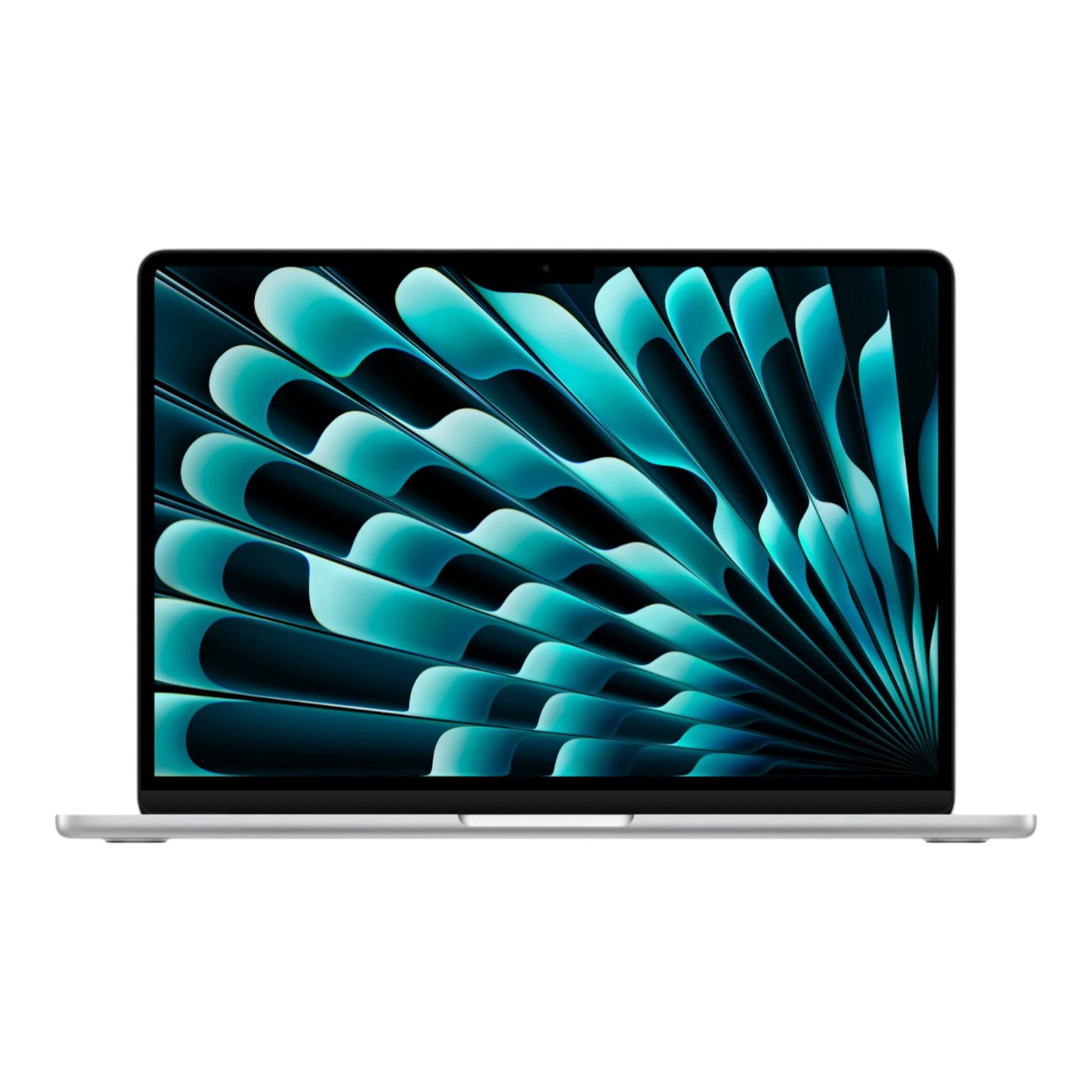 13-inch silver MacBook Air displaying a vibrant, abstract blue and green design on its screen.