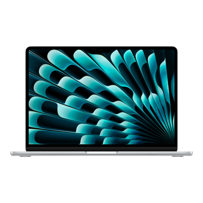 13-inch silver MacBook Air displaying a vibrant, abstract blue and green design on its screen.
