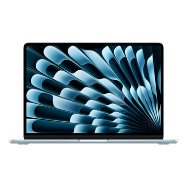 13-inch Sky Blue MacBook Air displaying a sleek geometric design on its screen.