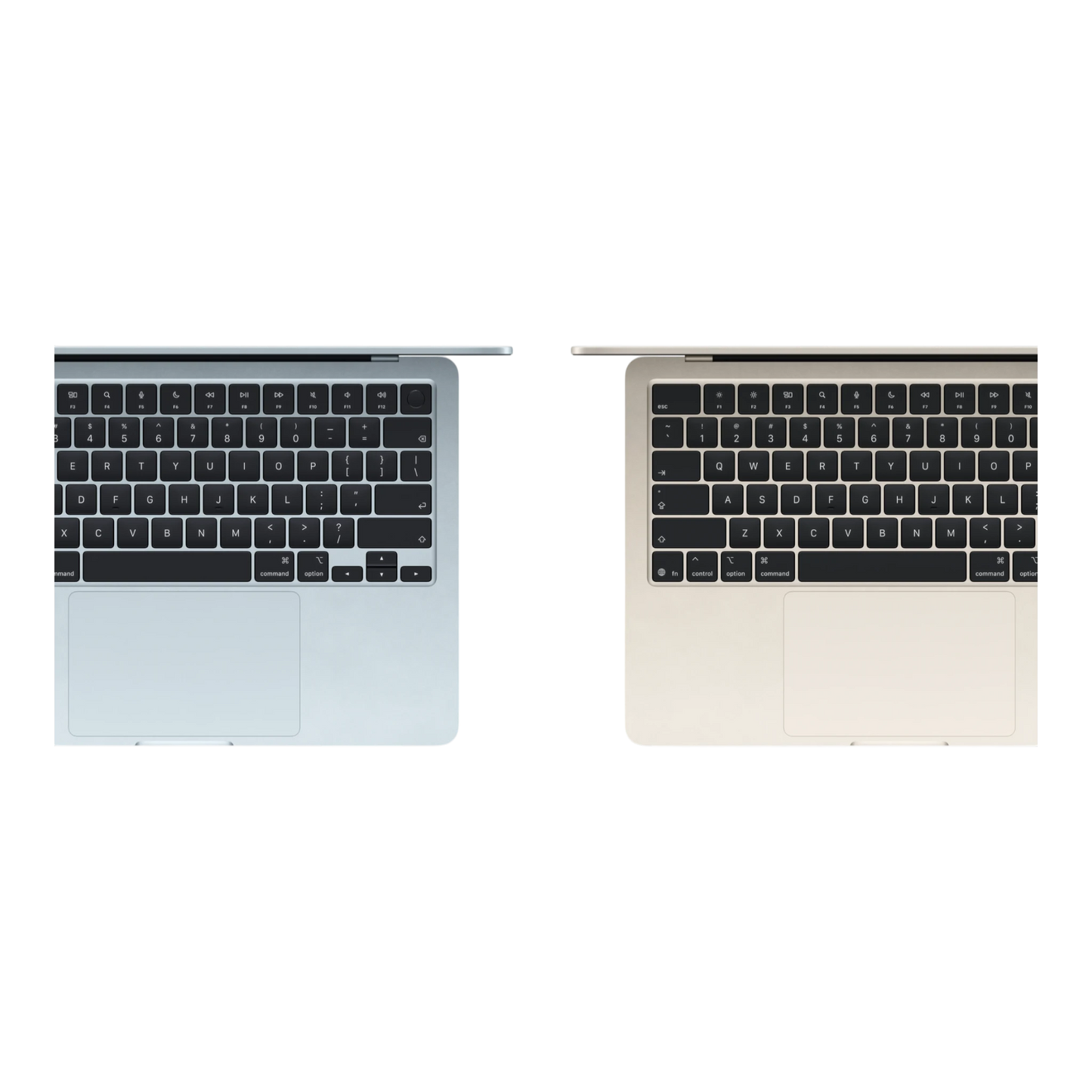 Top view of two MacBook Air M5 13-inch laptops in space gray and gold color options.