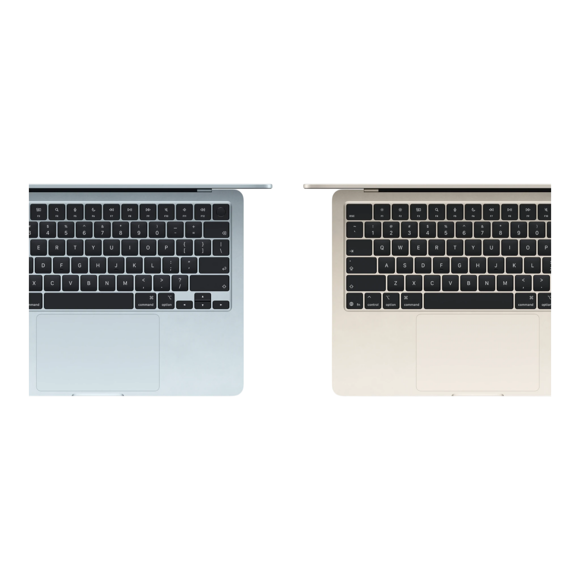 Top view of two MacBook Air M5 13-inch laptops in space gray and gold color options.