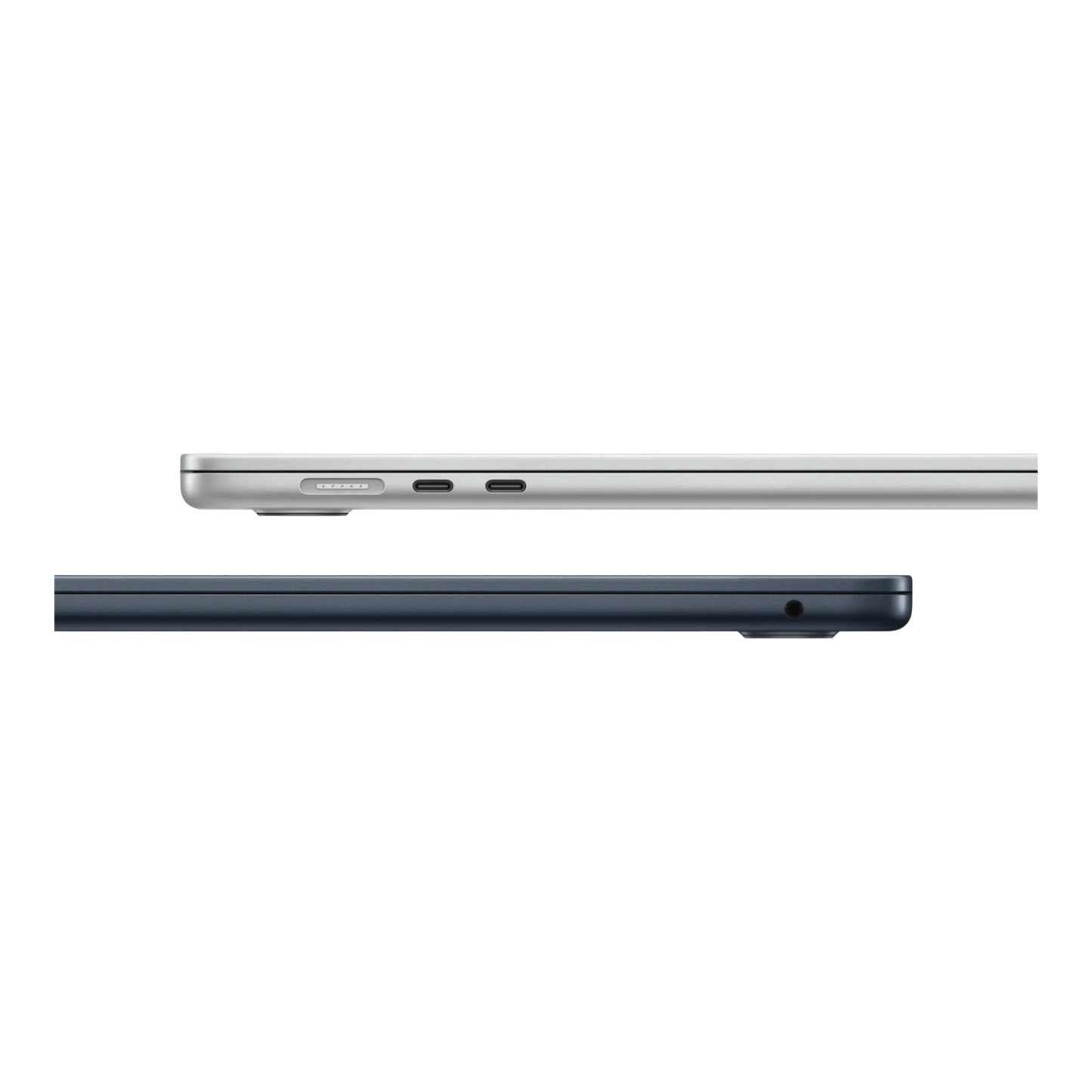 Side profile view of a silver and a space gray MacBook Air M5, showcasing their sleek designs and port layouts.