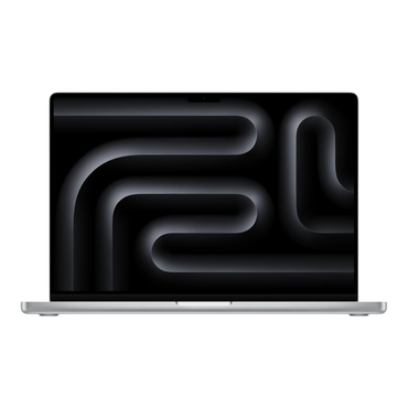 16-inch MacBook Pro in silver with a sleek, abstract dark background on its display.